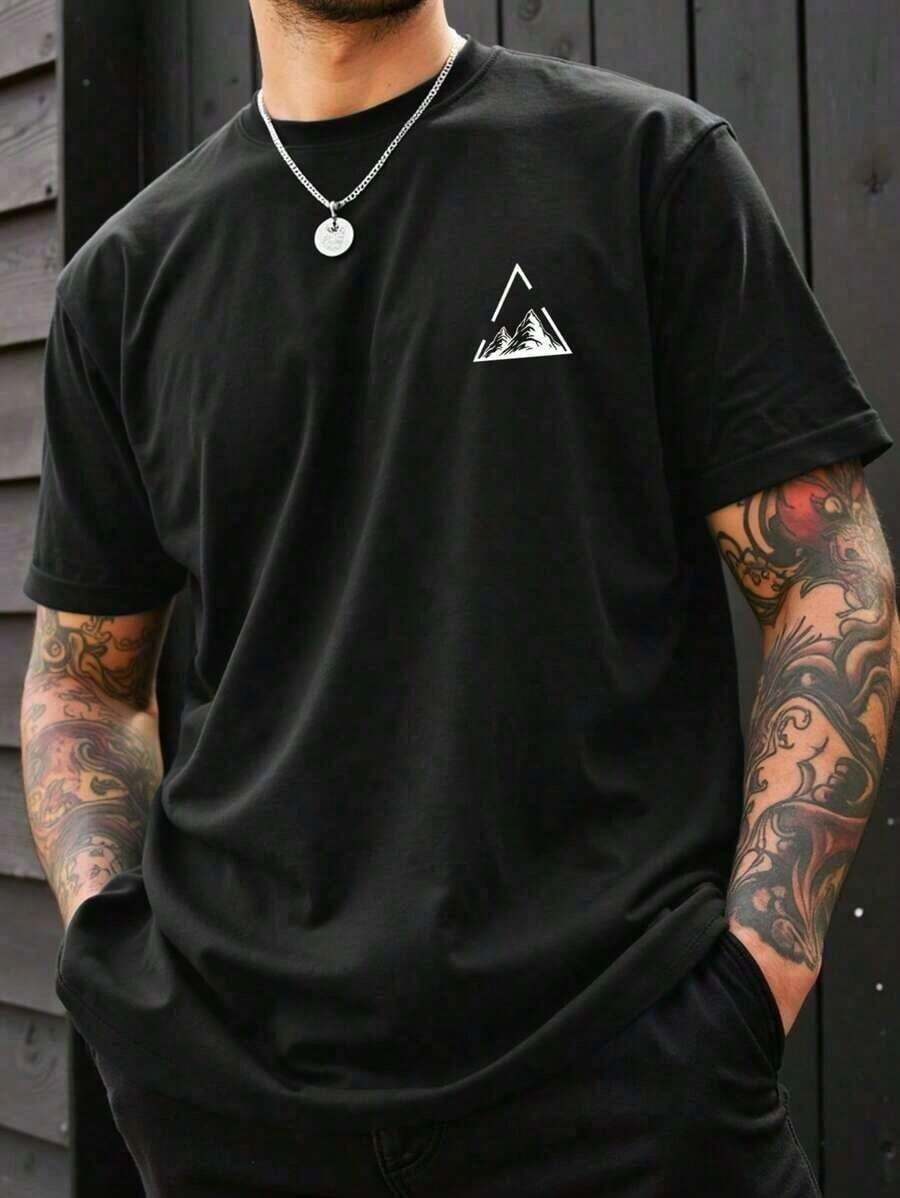 Men's Geometric Mountain Print Casual Short Sleeve T-Shirt Street Fashion - màu đen - Xem 1