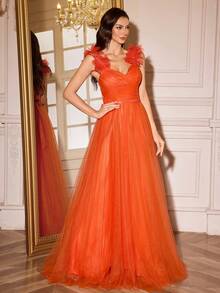 Elegant Women's Warm Orange High Waist Ruched Mesh Floral Decor Spaghetti Strap Flared Hem Bridesmaid Dress, Suitable For Weddings, Formal Occasions, Galas, Graduation Ceremonies, Dinner Parties