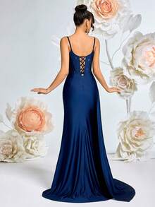 Spaghetti Strap V-Neck Rhinestone Ruched Dress With Side Slit And Backless Lace-Up Design, Suitable For Gala, Party, Formal Occasions - Navy Blue - View 2