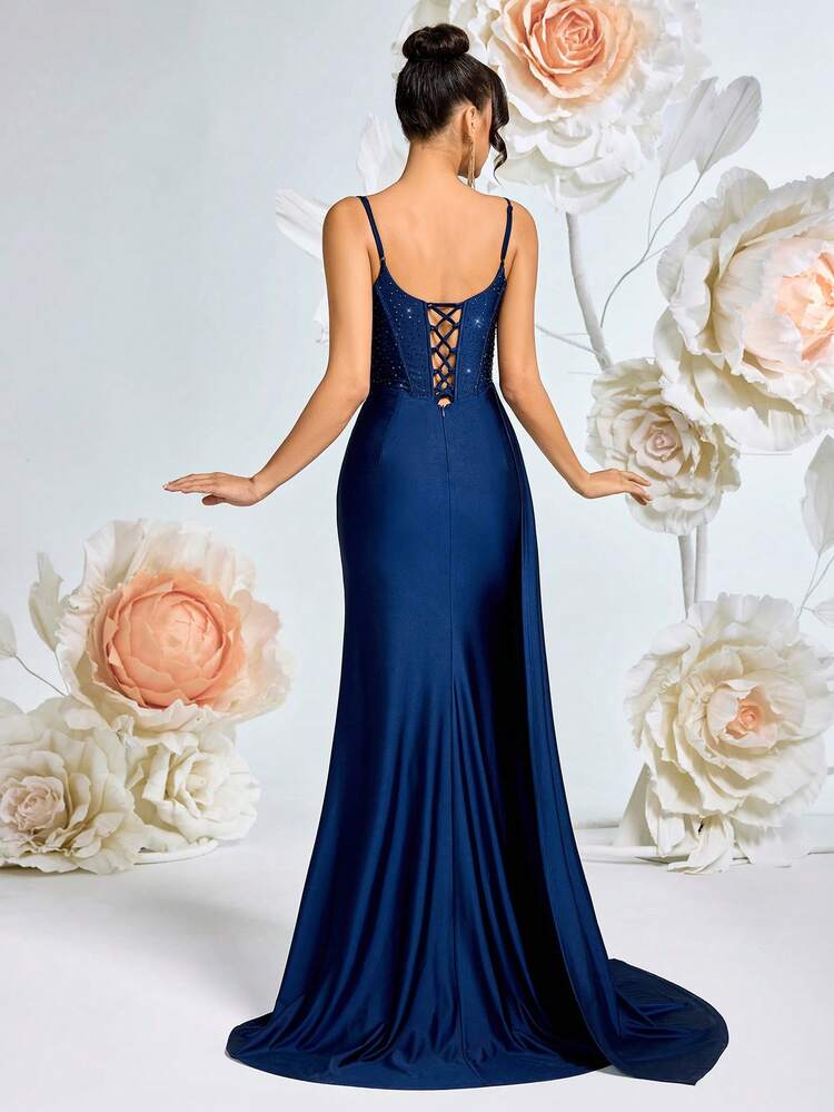 ADYCE Spaghetti Strap V-Neck Rhinestone Ruched Dress With Side Slit And Backless Lace-Up Design, Suitable For Gala, Party, Formal Occasions - Navy Blue - View 2