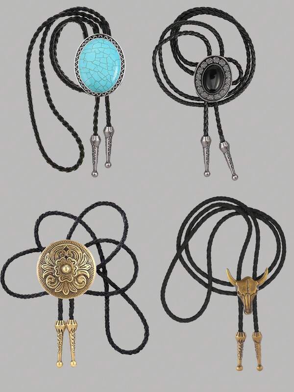 1PC Western Cowboy Bolo Tie For Men & Women - Turquoise Natural Stone Necklace, Adjustable Leather Cord, Vintage Southwest Style