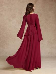 Women's Elegant Ruffle Trim Tie-Waist Flare Sleeve Dress, Spring/Summer - Burgundy - View 3