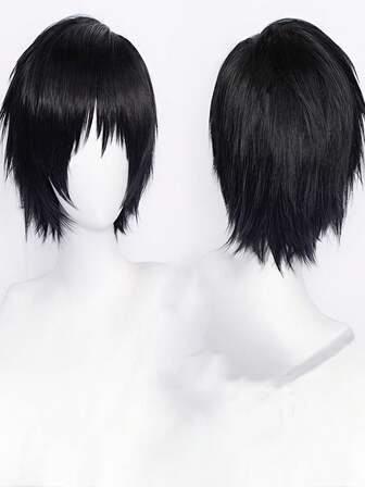 Black Anime Wig With Bangs - Heat Resistant, Short Straight Style For Cosplay & Daily Wear