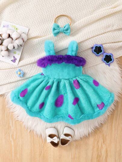 2pcs/Set Baby Girl Plush Strap Romper + Headband, Purple Polka Dot Pattern With Matching Plush Trim, Sweet & Elegant, Suitable For Spring/Autumn Daily Wear