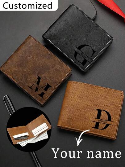 Billetera corta personalizada para hombres en unicolor con impresión de letras, hecha de cuero PU, billetera plegable PU simple con múltiples ranuras para tarjetas, regalo personalizado para hermano, padre, novio, aniversarios, Día del Padre, Navidad y Día de San Valentín