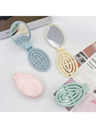 1pc Foldable Comb - Cream Color, Portable With Built-In Mirror Foldable Comb - Cream Color, Portable With Built-In Mirror