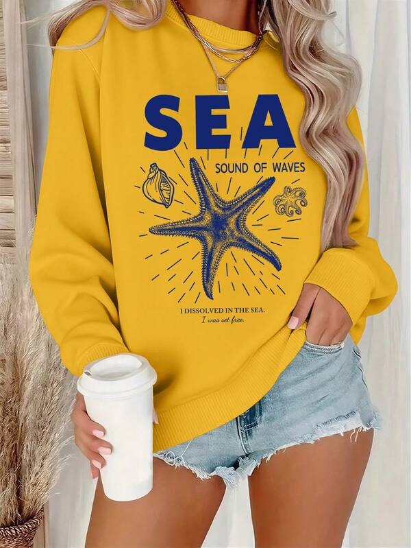 Starfish Letter Print Crew Neck Sweatshirt For Women, American Style Casual Tops For Autumn/Winter, Back To School Outfit, Great Gift