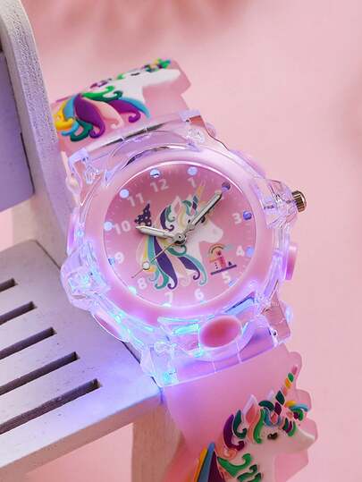 1 件儿童可爱 3D 独角兽印花硅胶表带石英手表，适合生日礼物、万圣节礼物，