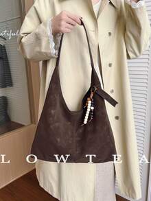 low tea 1件纯色绒面革皮革磁扣女士手提包单肩钱包手提包，真皮顶部提手，适合旅行、购物、约会、女士礼物、工作、商务、通勤（带吊坠肩带） - 咖啡棕 - 查看 7