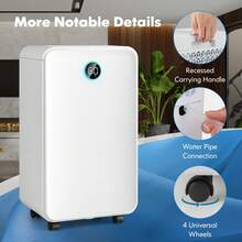 GOFLAME 12L Dehumidifier With Drain Pipe, Dehumidifier With 3 Modes, Child Lock, 24H Timer, LED Touch Control Panel, Real-Time Humidity Display, Manual/Auto Drainage For Home Office Basement - White - View 9