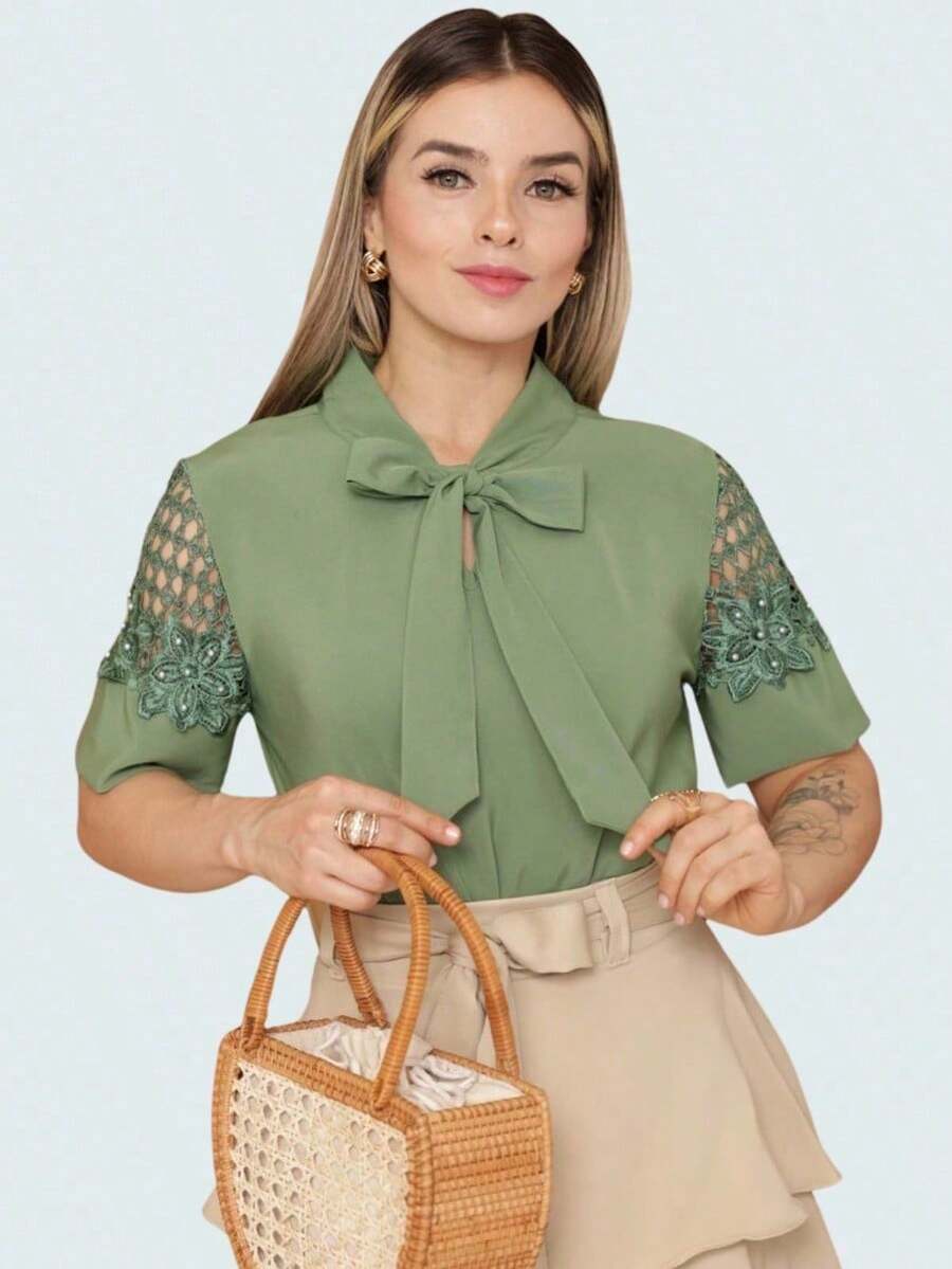 Women's Elegant Short Sleeve Bow Blouse - Green - View 1