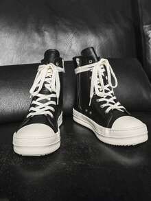 Teenagers' High-Top Lace-Up Canvas Sneakers, Thick Sole, Casual Versatile Couple Shoes