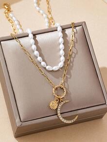 1pc Elegant Faux Pearl Sun & Moon Pendant Double Strand Necklace, Suitable For Women's Party, Festival And Daily Wear - Imitation Pearl Moon and Sun Pendant - View 5