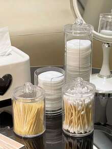 1 pièce Boîte de rangement transparente pour coussinets de maquillage, bocal de rangement avec couvercle, rangement pour outils de nettoyage du visage, support de rangement pour coton démaquillant sur le bureau, accessoires de rangement pour la coiffeuse, accessoires de salle de bain