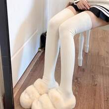 1 Pair Of Women'S Autumn And Winter Thickened Over-The-Knee Socks Solid Color Simple Women'S Socks Vertical Striped Socks Warm Over-The-Knee Socks - Màu be - 1 đôi - Xem 3