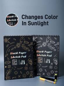 1PC Color-Changing Gold/Silver Blocking Black Card Paper Sketchbook, Changes Color In Sunlight, Spiral Coil Binding Tear-Off Loose-Leaf, Black Card Paper Painting Book, 25 Sheets(50 Pages) Each, Pure Black Paper 150gsm, Spiral Coil Binding Tear-Off Loose-Leaf, Suitable For Sketching Painting And Shorthand Notebooks, Suitable For Artists And Lovers Of Coloring, Drawing, Thick Hard Cardstock For Art, Crafts, School Supplies - Black - View 2