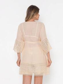Beach Cover-Up Set With 3/4-Short Sleeve Top And Short Shorts - 米色 - 查看 6
