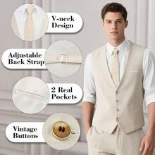 1920s Mens Costume, Roaring 20s Costumes Men, 1920S Mens Outfit Accessories With Vest Hat Pocket Watch Tie Armband - 中號+米色 - 查看 3