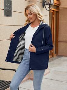 Plus Size Women's Long Hooded Raincoat, Lightweight Casual Rainwear, Full Zip, Suitable For Hiking And Outdoor Activities - Navy Blue - View 8