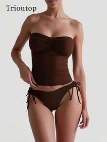 Women Solid Color Pleated Tube Top, Fitted & Stylish - Coffee Brown - View 1