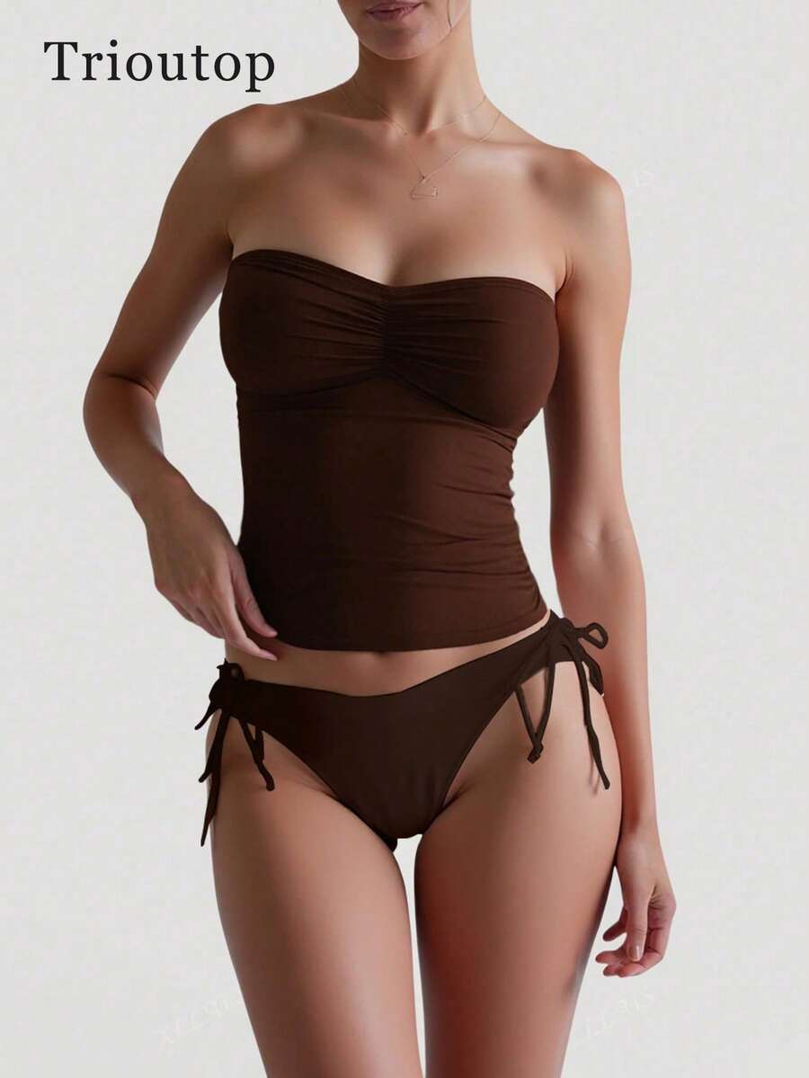 Women Solid Color Pleated Tube Top, Fitted & Stylish - Coffee Brown - View 1