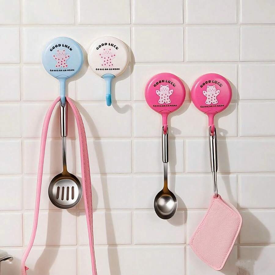 4pcs Cute Cartoon Cat Design Adhesive Wall Hooks No-Drill Damage-J-Shape Hooks Waterproof For Kitchen Bathroom Dorm Room Organization, Strong Hold Adhesive, Easy Peel-And-Stick Installation, Reusable And Removable Without Damage, Space-Saving Wall Organizer For Keys Towels Utensils Accessories Decor And Small Household Essentials