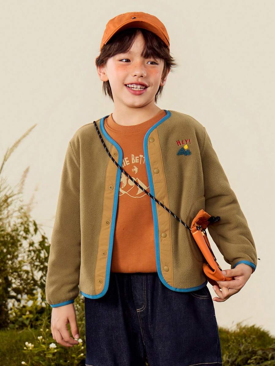 mini bala Kids Teddy Bear Baseball Jacket Fall Winter College Style Soft Comfortable Top - Khaki - View 1