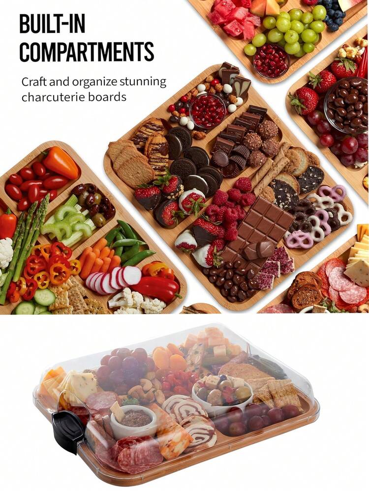 1pc Acrylic Lid Cheese Tray - Portable Bamboo Serving Platter, Suitable For Camping, Parties, Restaurants | Charcuterie And Snack Container, Holiday Appetizer Tray, Restaurant Tableware, Stylish Dining Plate, Material - Multicolor - View 5