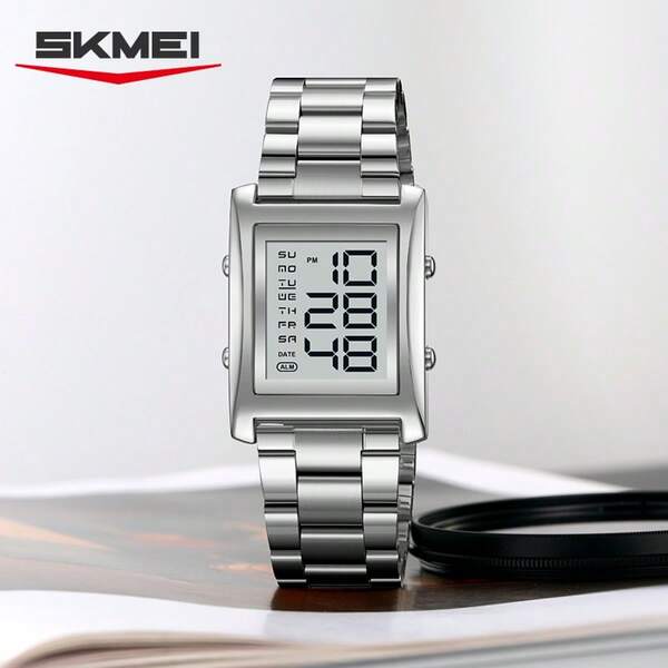Skmei Reloj de hombre Skmei 2550 de acero inoxidable con correa plateada, resistente al agua 30m, movimiento digital electrónico con pantalla LED
