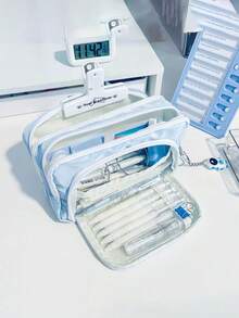 1件装大容量铅笔袋美观学校袋韩国文具袋笔袋学生学习用品 - 藍色 - 查看 3