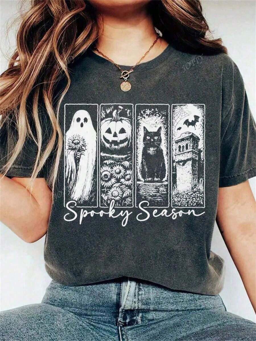 Nightmare Before Christmas, Halloween Clothes, Women Halloween Costumes, Women Halloween Costumes, Women Halloween Costumes, Halloween T-Shirt Autumn Ghost Pattern Women Casual Round Neck Short Sleeve T-ShirtCómodo Y Transpirable - 灰色 - 查看 1
