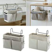 Bedside Hanging Storage Caddy, Dorm Bed Organiser With Hooks For Books, Remote Controls & Small Bedroom Essentials - White - View 3