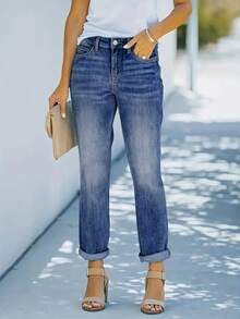 大码女式修身百搭街头风格直筒牛仔裤，老款风格，返校，老师，秋季，卡普里裤，办公室装，复古，妈妈牛仔裤，夏季，下装，牛仔布，商务休闲 - 藍色 - 查看 2