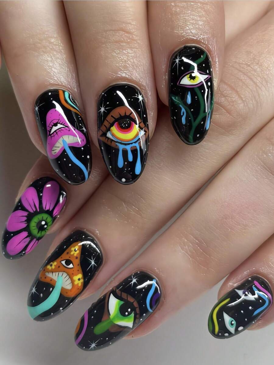 Peças de arte de unhas pretas em formato de amêndoa de comprimento médio com padrões de olho e flor estão vendendo bem no outono e inverno, Unhas postiças em formato de amêndoa, Unhas postiças de outono