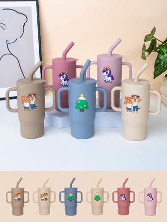 6个月-3岁+婴幼儿适用！7盎司/210毫升容量，硅胶材质可爱宠物印花训练杯|防漏+，可用洗碗机清洗，宝宝首选水瓶