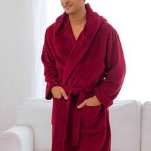 Mens Robe With Hood, Plush Fleece Hooded Mens Bathrobe, Big And Tall Bath Robe For Menhalloween - Burgundy - View 5