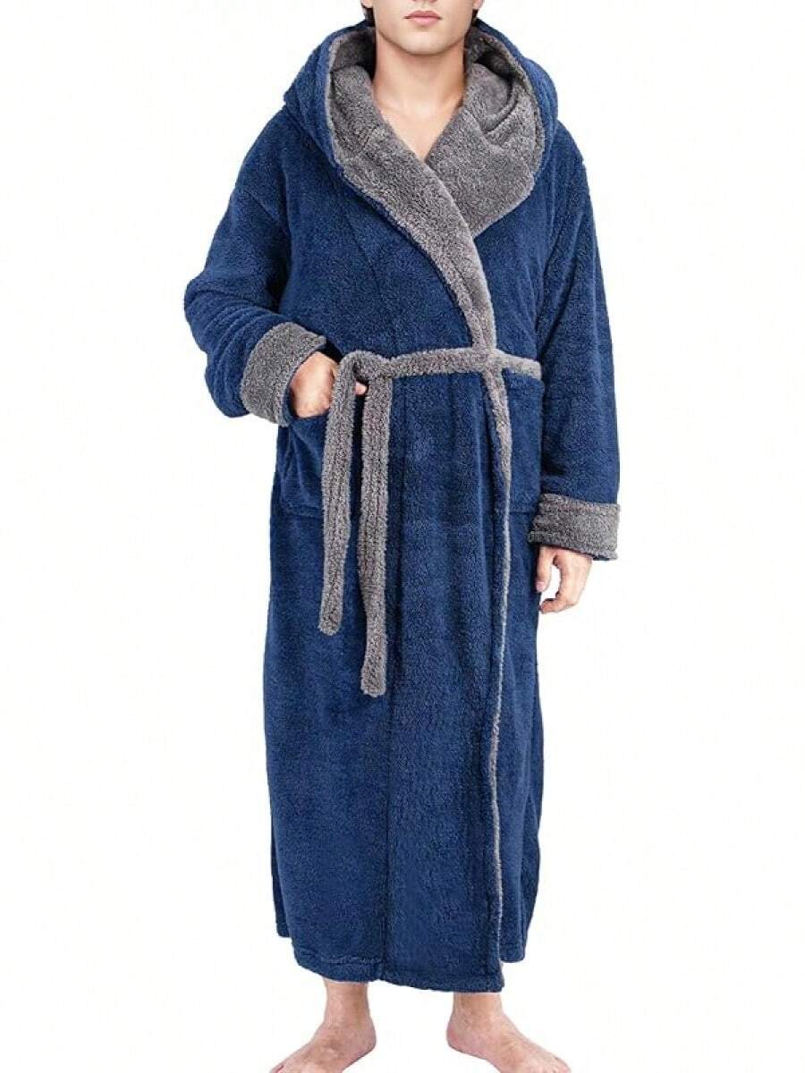 Mens Robe With Hood, Big And Tall Plush Fleece Long Robe For Men Full-Length Bathrobe Cozy And Warm With Pockets