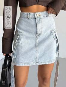 Women's Cargo Pocket Short Straight Casual Denim Skirt - Light Wash - View 1