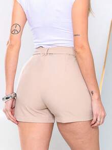 shortes feminina Simples com Bolso e Com cinto de tecido, Zíper Férias e Praia   S780 - Bege - Visão 4