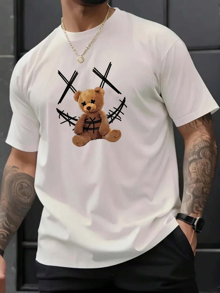 Men's Fashion Pure Cotton Round Neck Casual Printed Bear T-Shirt Tee For Adult, Men, Women, Teen, Teenager, Adolescent, Youth - 白色 - 查看 1