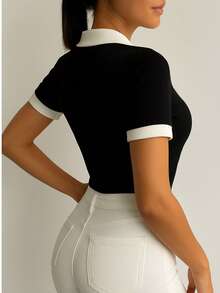 Women's Short Sleeve Cotton Polo Shirt - ÁO CỔ ĐEN - Xem 3