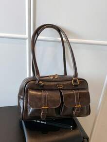Vintage One Shoulder Bag, Multi-Pocket, Women's Bag, Faux Leather Material, Solid Color Retro, Large Capacity Women's Shoulder Bag, Comes With Pendant (Pendant May Vary Slightly By Batch)