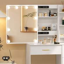 Makeup Dressing Table With Mirror,Vanity Desk,4 Drawers 6 Open Storage Shelves,Makeup Table,3 Color Modes Adjustable Brightness,10 LED Lights Mirror,For Women Gift,Bedroom Furniture(White)