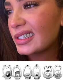 3pcs Golden & Silver Heart Hollow Teeth Grillz Set, Hip Hop Dental Caps With Star & Rhinestone Design, Fashion Jewelry For Men And Women