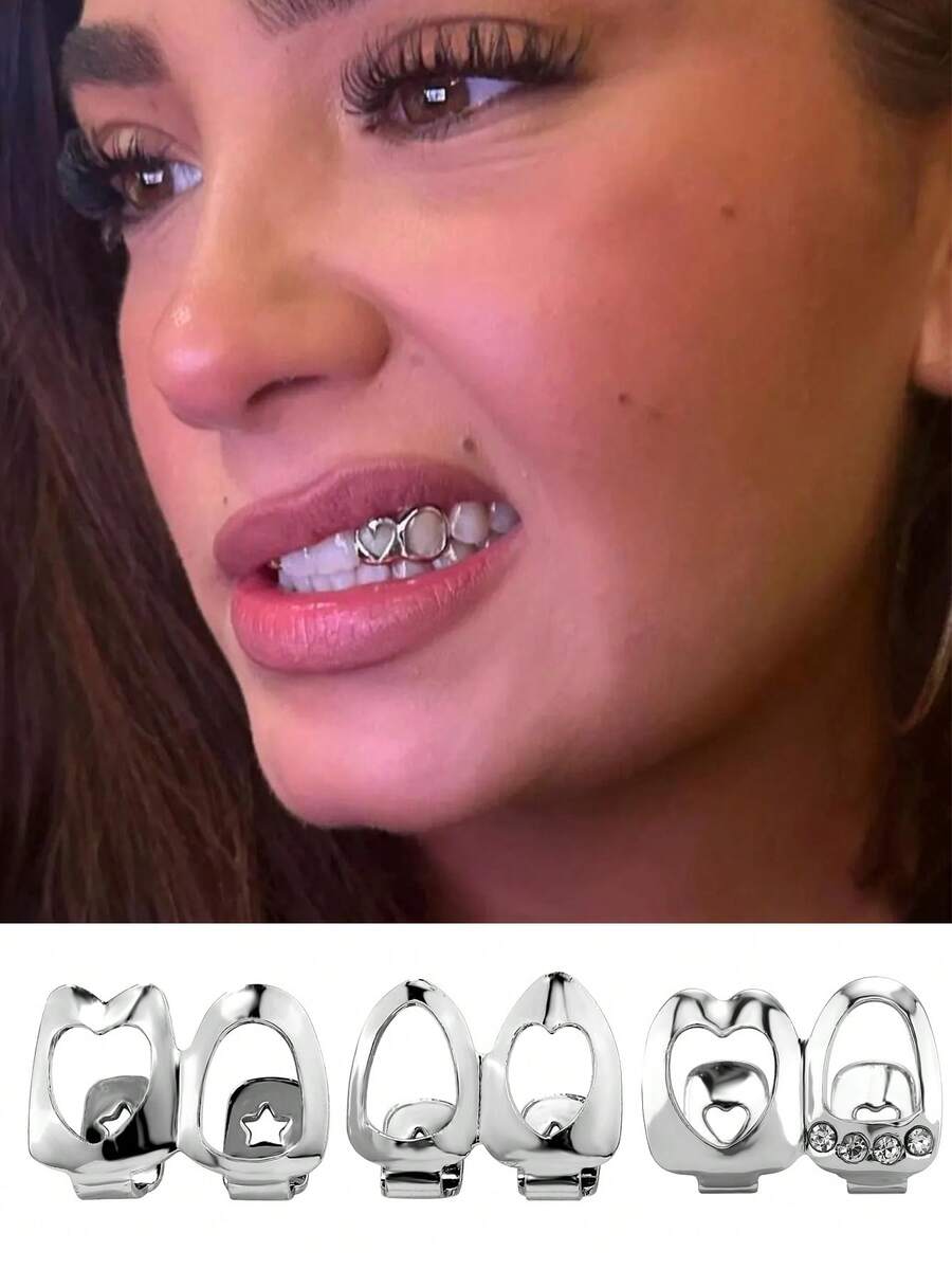 3pcs Golden & Silver Heart Hollow Teeth Grillz Set, Hip Hop Dental Caps With Star & Rhinestone Design, Fashion Jewelry For Men And Women