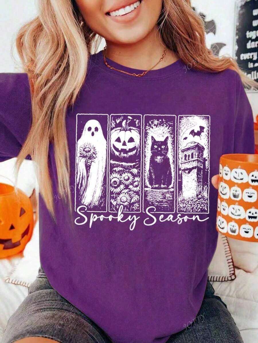 Nightmare Before Christmas, Halloween Clothes, Women Halloween Costumes, Women Halloween Costumes, Women Halloween Costumes, Halloween T-Shirt Autumn Ghost Pattern Women Casual Round Neck Short Sleeve T-ShirtCómodo Y Transpirable - 紫色 - 查看 1