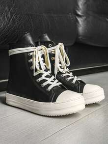 Teenagers' High-Top Lace-Up Canvas Sneakers, Thick Sole, Casual Versatile Couple Shoes