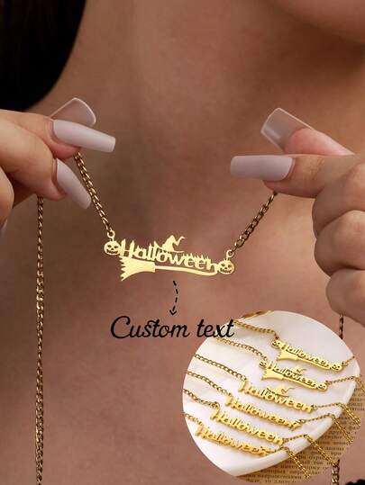 Customized Name Necklace, Stainless Steel New Personalized 3mm Curb Chain Nameplate, Multiple Styles, Broom Pumpkin Chain, Halloween Party Gift For Men & Women