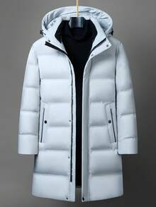 Men's Down Coat, Bench Coat, Long Coat, Cold Weather Wear, Water-Repellent Down Jacket, Simple Design, Detachable Hood, Thick Down Jacket, Solid Color, Quilted, Water-Repellent, Cold Protection, Windproof, Warm, Business, Casual, Couple's Winter Wear - 白色 - 查看 2