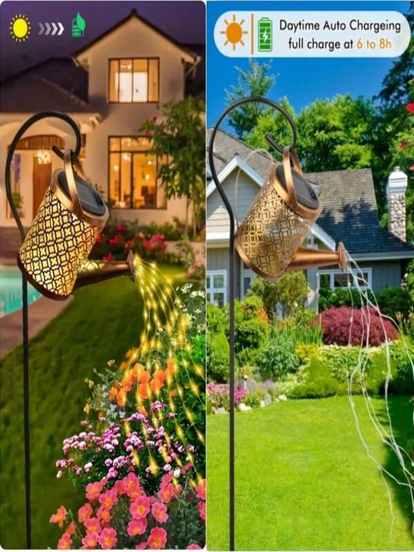 1 Set Outdoor Solar Powered Watering Can Light, Solar Lawn Light, Hanging Solar Lantern, Garden Art Light, Solar Water Bottle Light, Metal Snowflake Waterfall Effect, Front Yard/Fence/Christmas Decor, 4-Season Gift Box Set, Yard Atmosphere Lighting Decor, Decorative Metal Waterfall String Lights, Suitable For Garden, Patio, Yard, Pathway, Christmas Decor, Gifts, Outdoor Motion Sensor Auto On/Off, Applicable For Garden, Lawn, Yard, Tabletop, Housewarming Gifts And Holiday Presents